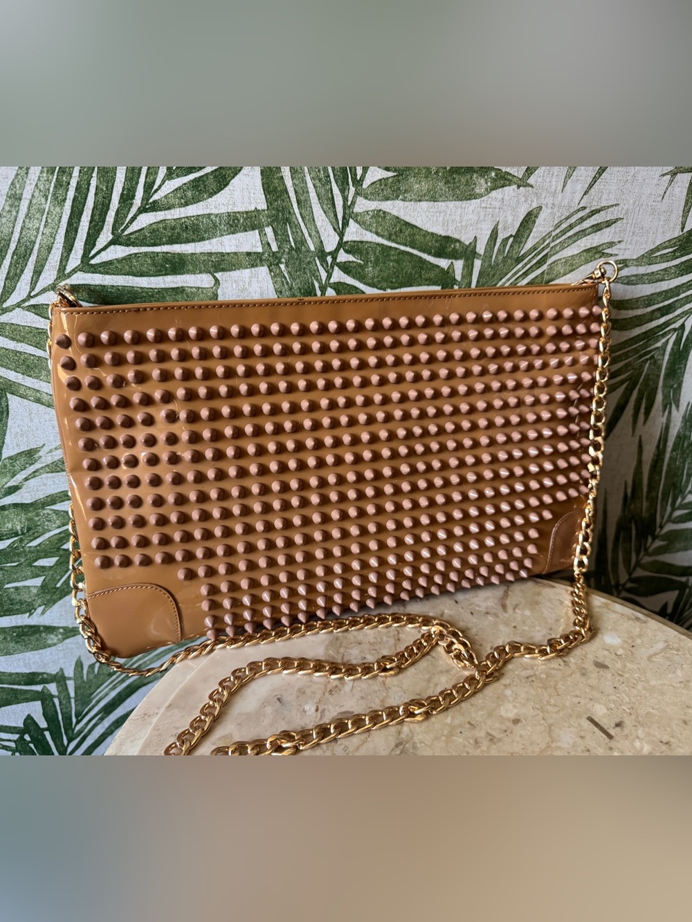 Christian Louboutin Loubi Studs Patent Leather Chain Clutch Nude Spike Crossbody